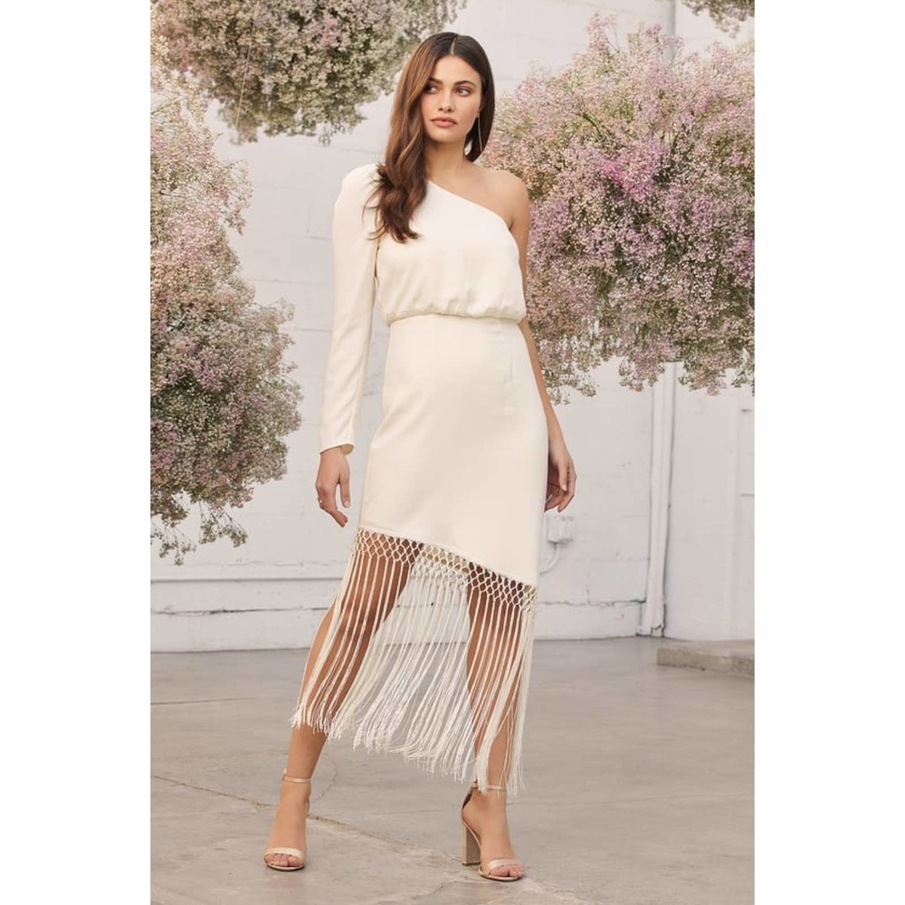 Lulus Love at Dusk Cream One-Shoulder Asymmetrical Fringe Midi Dress Size XS